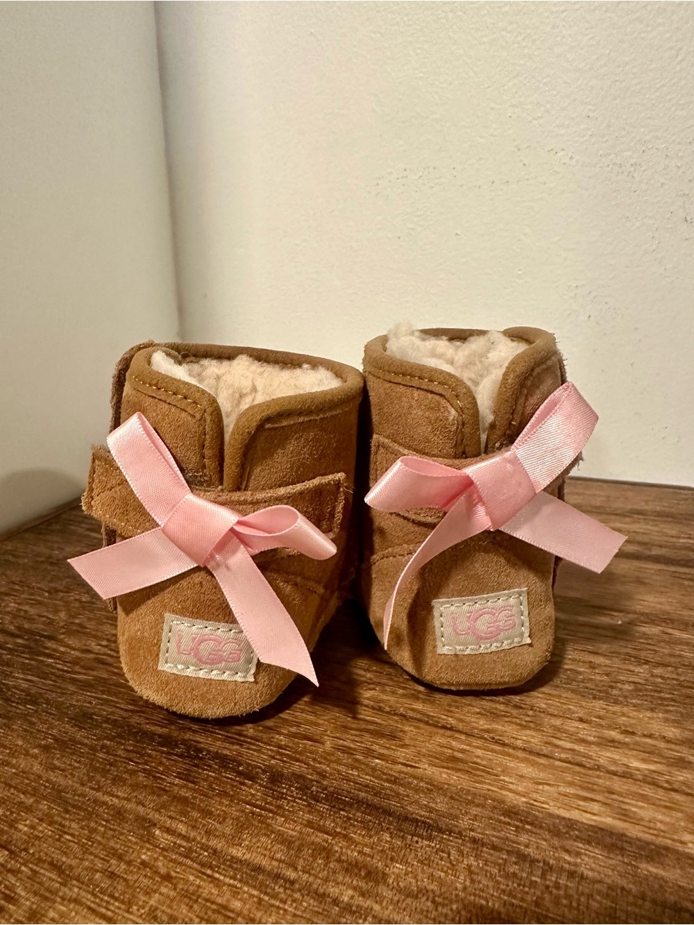 UGG Baby Chestnut Suede Booties with Pink Ribbon Accents, 2-3